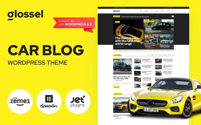 Glossel - Car Blog Website Template based on WordPress Elementor Theme 1.0.0