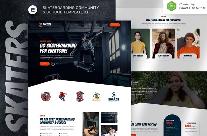 Skaters – Skateboarding Community & Club Elementor Template Kit 1.0.0