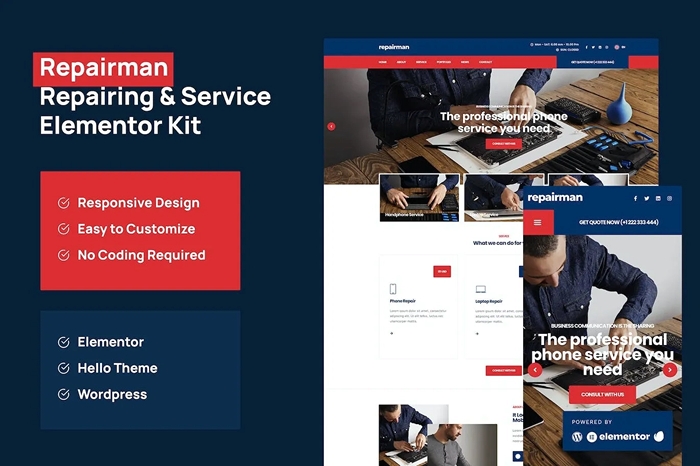 Repairman – Gadget Repair & Service Elementor Template Kit 1.0.0