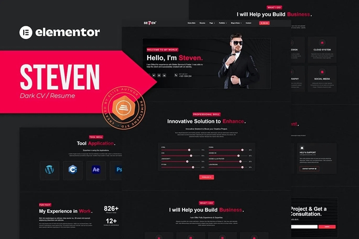 Steven – Dark CV Portfolio Resume Elementor Template Kit 1.0.0