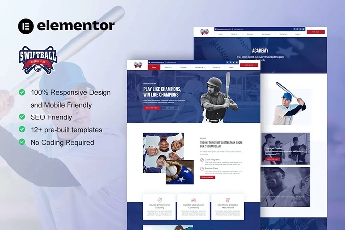 SwiftBall – BaseBall Team & Sport Club Elementor Pro Template Kit 1.0.0