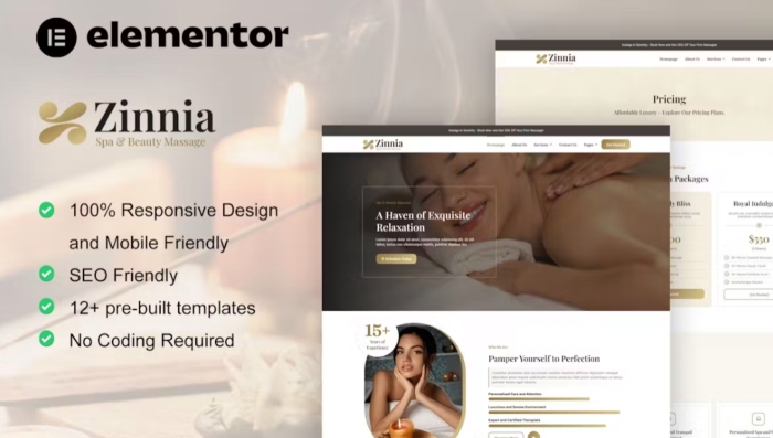 Zinnia – Spa & Beauty Care Elementor Pro Template Kit 1.0.0