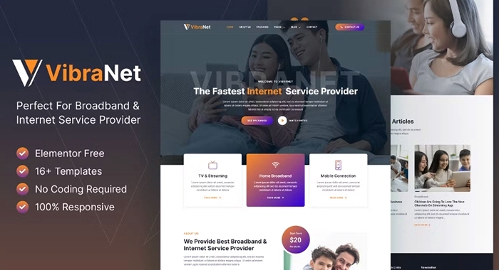 Vibranet – Broadband & Internet Service Provider Elementor Template Kit 1.0.0