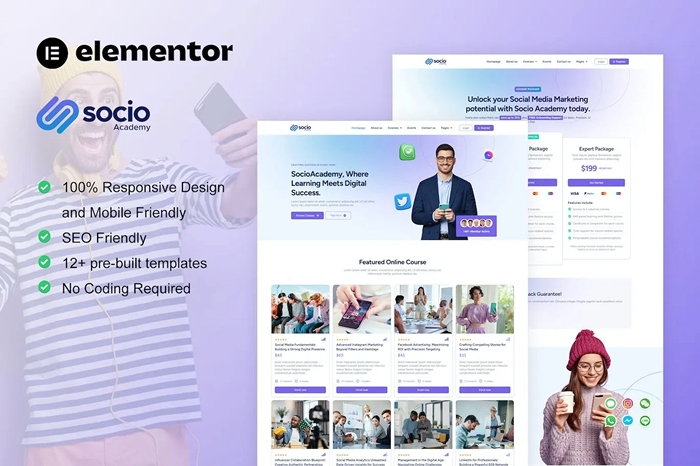 SocioAcademy – Social Media Management Course Elementor Template Kit 1.0.0