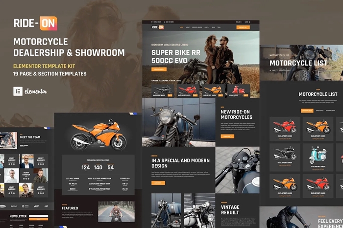Ride ON – Motorcycle Dealership WordPress Elementor Template Kit 1.0.0