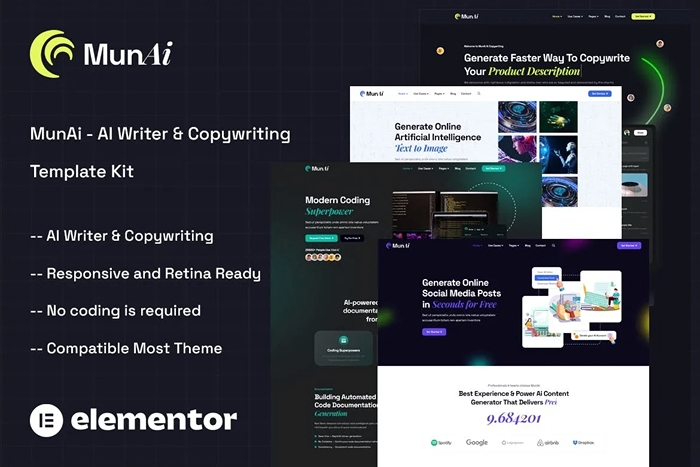 MunAi – AI Writer & Copywriting App Elementor Template Kit 1.0.0