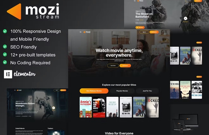 Mozi – Movie Streaming Service Elementor Template Kit 1.0.0