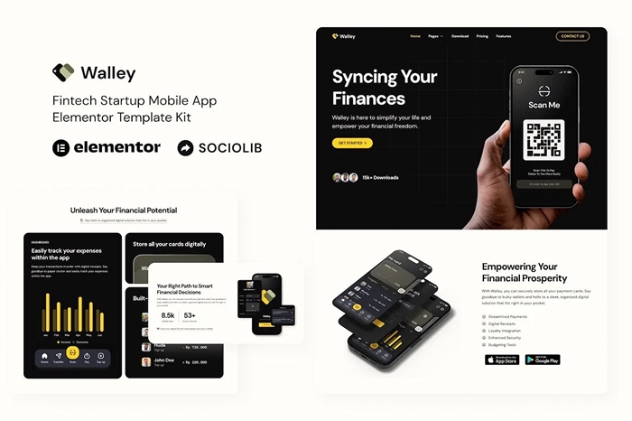Walley – Fintech Startup Mobile App Elementor Template Kit 1.0.0