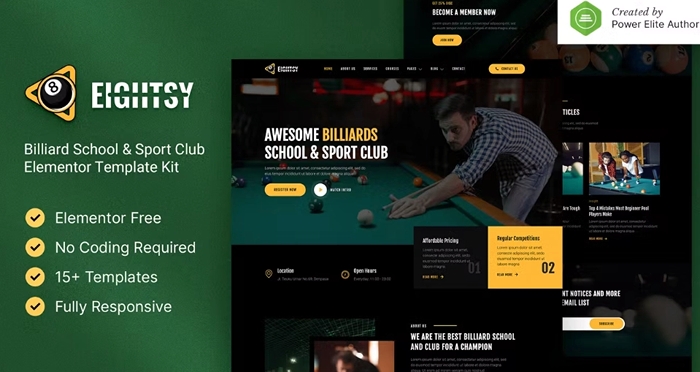 Eightsy – Billiard School & Sport Club Elementor Template Kit 1.0.0