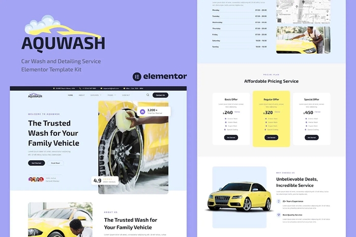 Aquwash – Car Wash and Detailing Service Elementor Template Kit 1.0.0