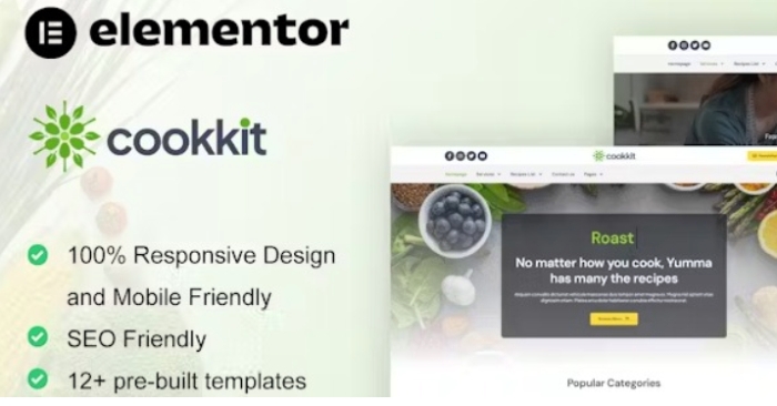 Cookkit – Food Recipe & Nutrition Service Elementor Pro Template Kit 1.0.0