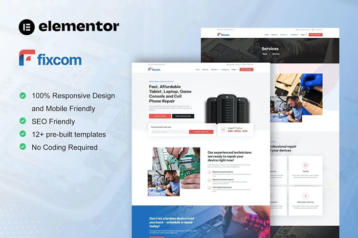 Fixcom - Mobile Phone & Computer Repair Elementor Template Kit 1.0.0