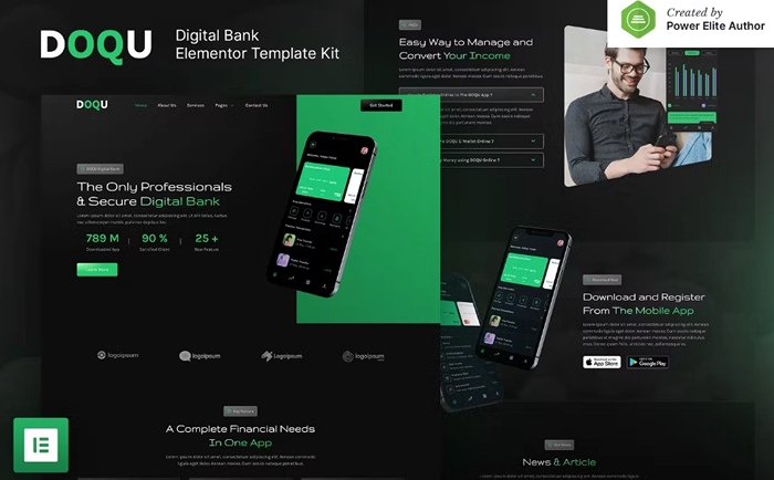DOQU – Dark Digital Bank & E-Wallet Elementor Template Kit 1.0.0