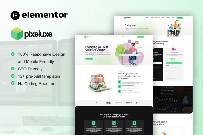 Pixeluxe - 3D Design Studio Elementor Pro Template Kit 1.0.0