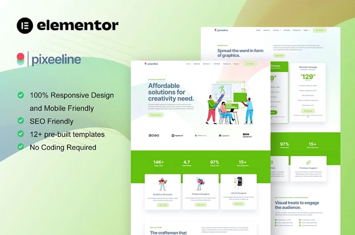 Pixeeline – Graphics Illustration Freelance & Creative Agency Elementor Template Kit 1.0.0