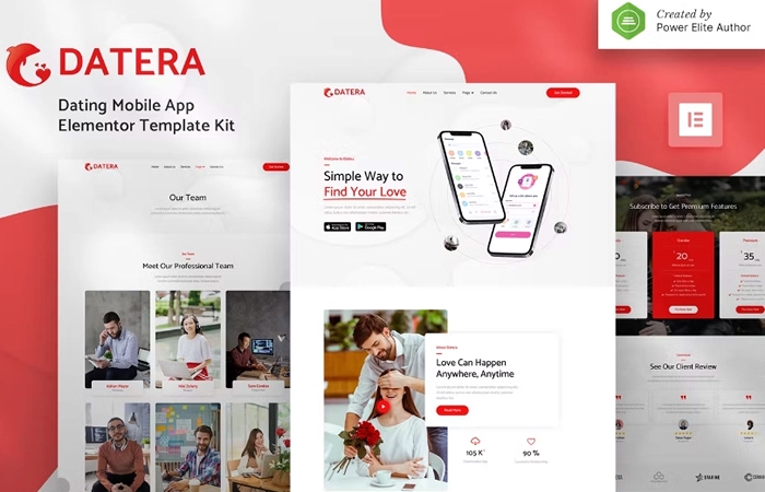 Datera – Online Dating Mobile App Landing Elementor Template Kit 1.0.0