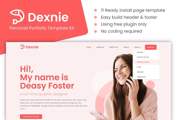 Dexnie – Personal Portfolio Elementor Template Kit 1.0.0
