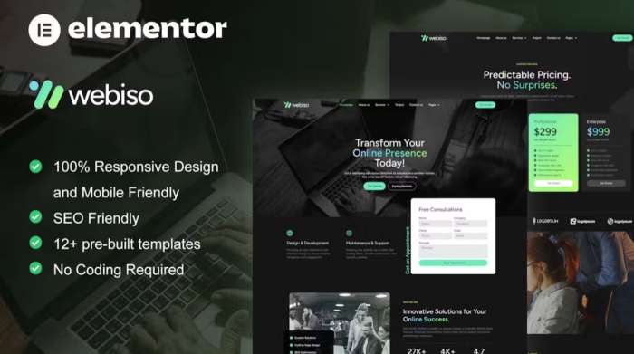 Webiso - Dark Digital Agency Elementor Template Kit 1.0.0