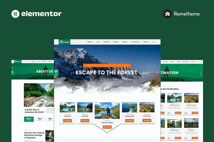 Escape – Forest Travel Adventure Elementor Pro Full Site Template Kit 1.0.0
